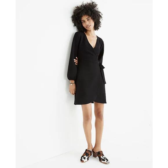 Madewell Black Texture & Thread Long-Sleeve Side-Tie Wrap Mini Dress Size XXS - Picture 1 of 11